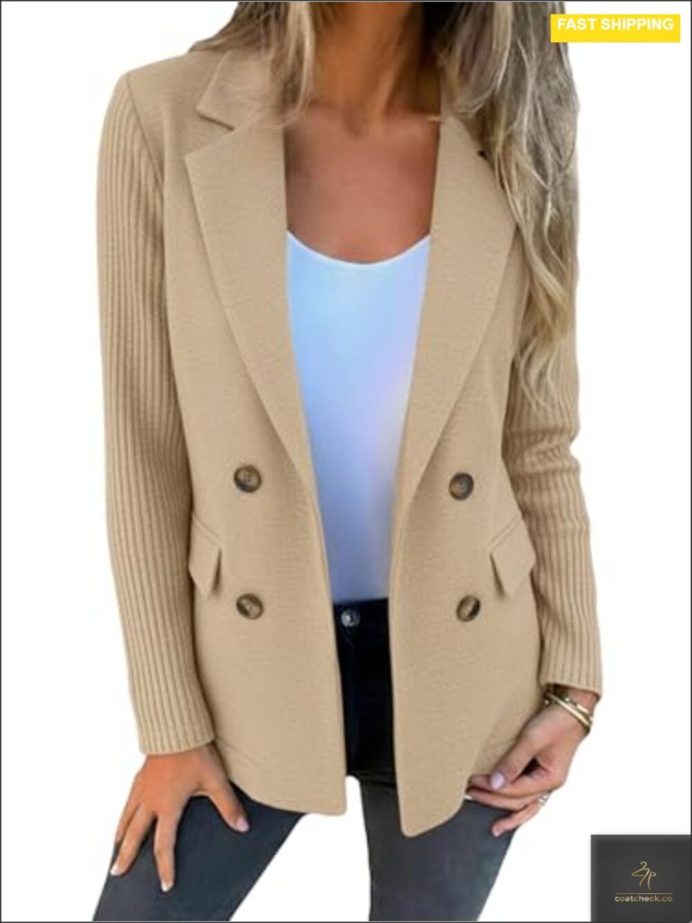 Women's Wool Blend Double-Breasted Knit Sleeve Blazer Casual Work